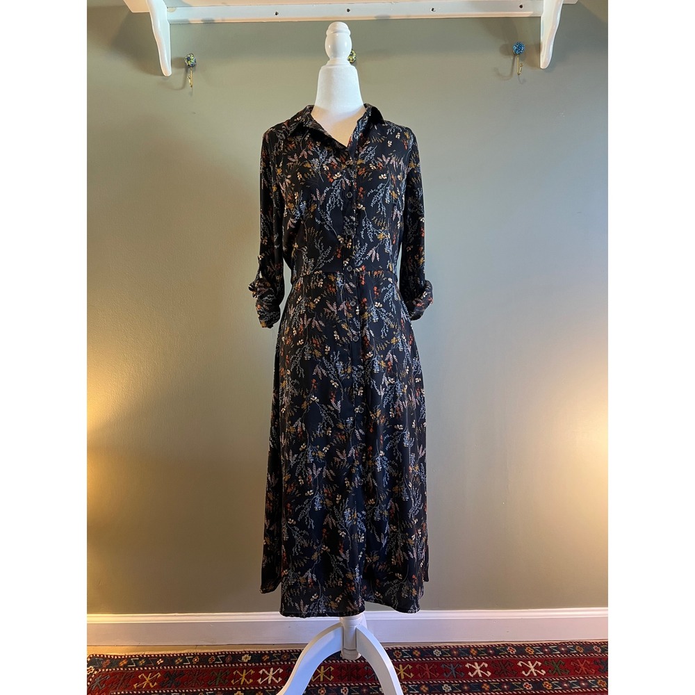 DR2 by Daniel Rainn Black Floral Button Down‎ Midi Shirt Dress XS Long Sleeve